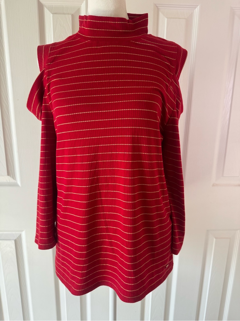 Tommy Hilfiger Red & Gold Ribbed Cold Shoulder Mock Neck Sweater Top | Size M - Picture 6 of 10
